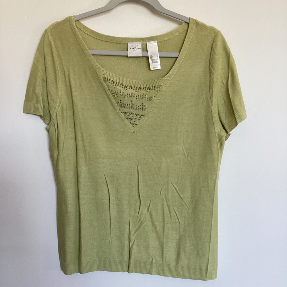 Emma James Silk Blend Short Sleeve Beaded Shirt Light Green Size Large